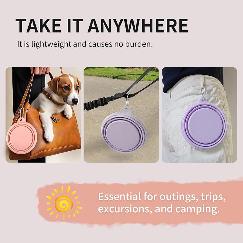 TECOPH Collapsible Dog Bowls 2-Pack, Portable Travel Dog Bowl with Carabiner, Food-Grade Silicone Pet Bowl for Hiking, Walking (22 OZ Macaron Pink and Violet) - Image 5